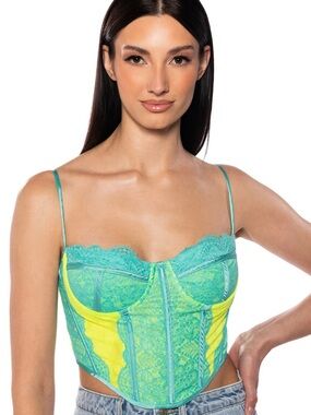 AKIRA Aqua & Neon Yellow Lace Bustier Top